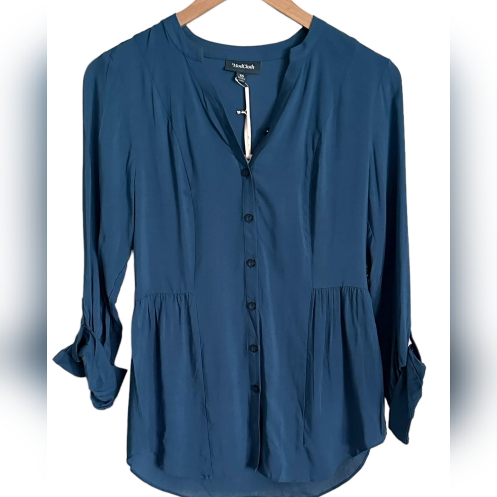 ModCloth Slate Blue Button-Front Blouse - Picture 3 of 5